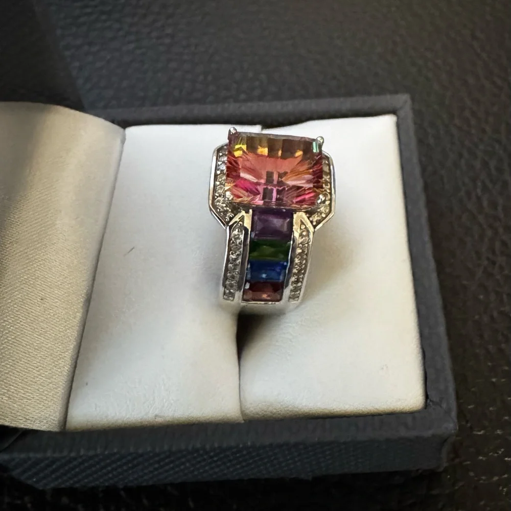 Northern lights(TM) quartz multi-gem & white zircon rhodium over sterling. Sz 7. - Picture 2 of 4